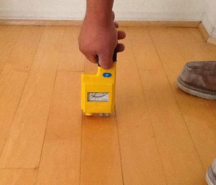 Technician holding moisture reader against the wooden floor. 